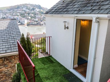 A small balcony with artificial grass and red railing overlooking a river and hillside with houses at Estuary View House and Annexe Dartmouth