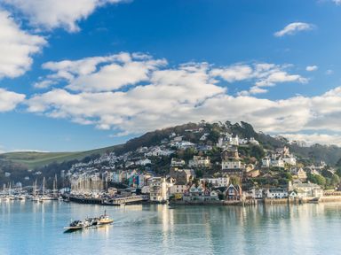 A coastal town with houses on a hillside boats in the water and a pier at Estuary View  House  Annexe in Dartmouth