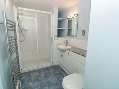 A bathroom with a glass shower enclosure a sink with countertop cabinets a toilet and a towel radiator at Estuary View House Annexe in Dartmouth