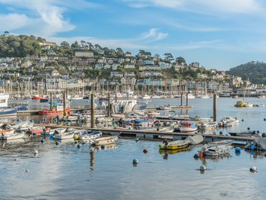 Boats docked in a marina with houses on a hillside in the background at Estuary View House and Annexe in Dartmouth