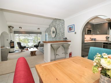 An open plan room with a wooden table and blue and red chairs a kitchen with grey cabinets and a sitting area with armchairs and a wood stove at Estuary View House and Annexe Dartmouth