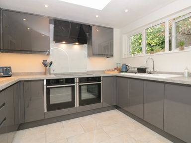 A modern kitchen with grey cabinets two built in ovens a sink under windows and kitchen utensils at Estuary View House Annexe in Dartmouth