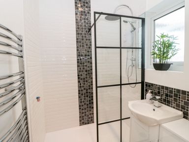 A bathroom with a walk-in shower, a white sink, a plant on the window sill, and patterned black and white tiles at The Snug in Beadnell