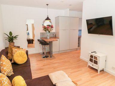 A living room with a brown sofa and yellow cushions next to a small kitchen area with bar stools and a wall-mounted TV at The Snug in Beadnell