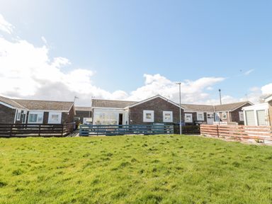 A grassy backyard with wooden fences and single-story brick houses under a blue sky at The Snug in Beadnell