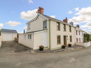 A row of attached houses with flower pots outside on a street at Gwynfa in Capel Iwan near Newcastle Emlyn