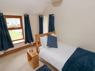 A bedroom with a single wooden bed blue cushions and curtains a wooden bedside table with a lamp and a window showing a lawn outside at Gwynfa Capel Iwan near Newcastle Emlyn