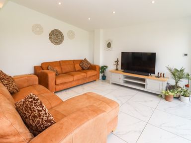 A living room with orange sofas a large television on a stand and several potted plants at Phoenix House in Castlemorton