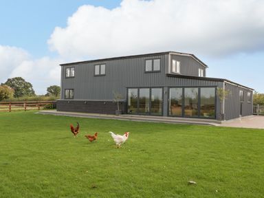 A large grey house with multiple windows and glass doors on a green lawn with three chickens at Phoenix House in Castlemorton