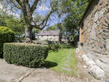 A garden with a large tree and trimmed bushes near stone buildings at Stabla in Chwilog
