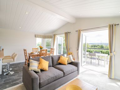 A living room with a gray sofa and yellow pillows next to a dining area with wooden chairs and table at Alder Lodge in Teigngrace near Newton Abbot