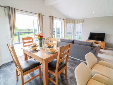 A dining and living area with a wooden dining table set for four and a gray sofa facing a TV at Alder Lodge in Teigngrace near Newton Abbot