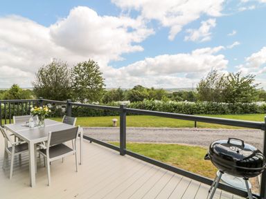 An outdoor patio with a table and four chairs a vase with flowers a bottle of water and a charcoal grill overlooking a lawn and trees at Alder Lodge in Teigngrace near Newton Abbot