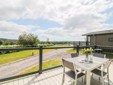 A patio with a table and four chairs and flowers overlooking a driveway and greenery at Alder Lodge in Teigngrace near Newton Abbot