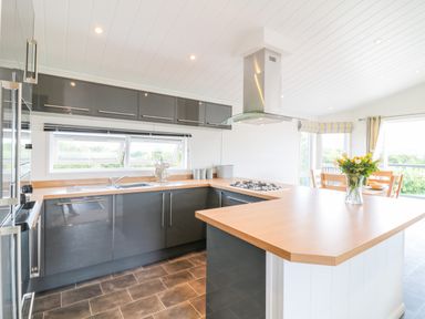 A kitchen with dark cabinets wooden countertops a gas stove a sink and a vase with flowers at Birch Lodge in Teigngrace near Newton Abbot