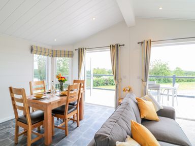 A dining area with a wooden table set with dishes and chairs next to a gray sofa with yellow cushions in a room with large windows and a view of a garden at Birch Lodge in Teigngrace near Newton Abbot