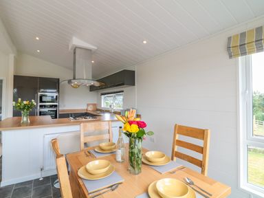 A kitchen and dining area with wooden furniture and flowers on the table at Birch Lodge in Teigngrace near Newton Abbot