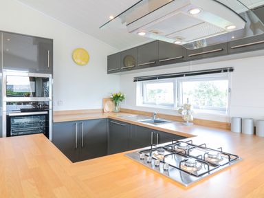 A kitchen with wooden countertops grey cabinets a gas stove a sink and a window showing trees at Birch Lodge in Teigngrace near Newton Abbot