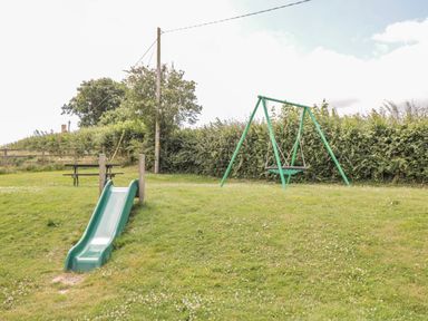 A playground with a slide and a swing on grass near bushes and a picnic table at Birch Lodge in Teigngrace near Newton Abbot