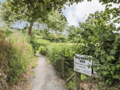 A gravel path lined with green bushes and trees and a dog walking area sign at Birch Lodge Teigngrace near Newton Abbot