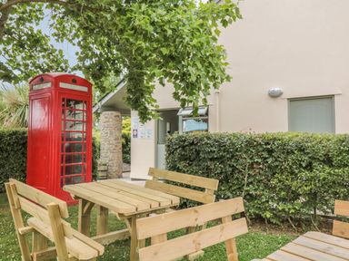 A wooden picnic table with benches under a tree next to a red telephone box and a building with green door and window at Birch Lodge in Teigngrace near Newton Abbot