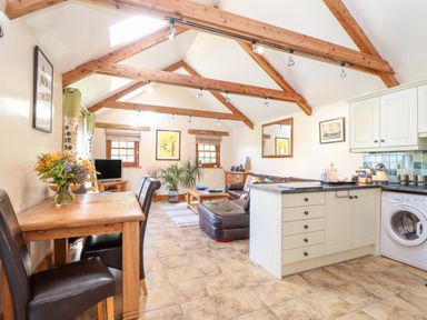 An open plan living room with wooden dining table, leather chairs, kitchen island, washing machine, and wooden beams on the ceiling at Valley View in St Martin near Mawgan