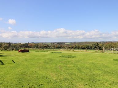 A green grassy field with patches of grass and a fence with a gate against a cloudy sky at Valley View in St Martin near Mawgan