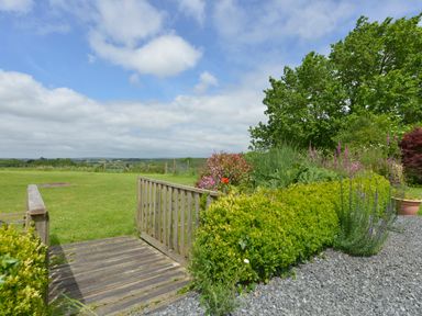A garden with a wooden bridge gravel path shrubs flowers and trees at Valley View in St Martin near Mawgan