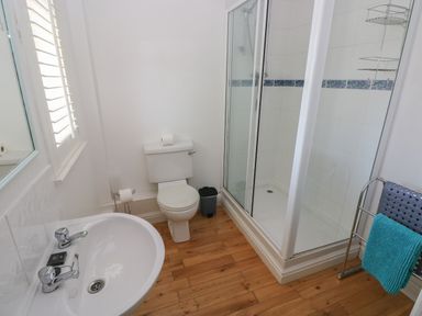 A bathroom with a toilet sink shower and towel rack at Yr Hen Ardd in Dale near Milford Haven