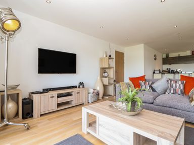 A living room with a grey sofa with cushions a wooden coffee table with a plant a TV mounted on the wall and wooden furniture at 8 Cribbar in Newquay