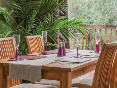 A dining table set with glasses and placemats surrounded by wooden chairs and plants at Bulmer Farm Lodge in Malton