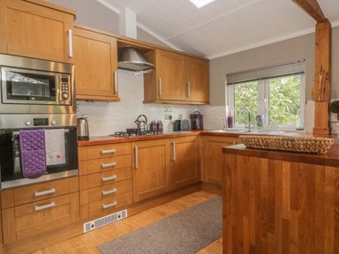 A kitchen with wooden cabinets stainless steel appliances and a window showing greenery at Bulmer Farm Lodge in Malton