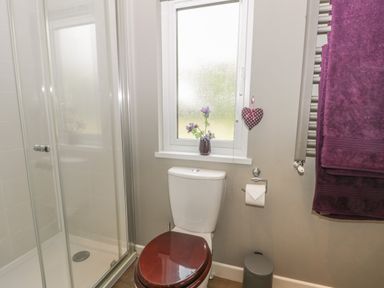 A bathroom with a shower enclosure wooden toilet seat purple towels and a window with flowers at Bulmer Farm Lodge in Malton