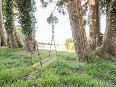 A wooden swing hanging from trees in a grassy area at Woodlands Cottage in Docklow near Leominster