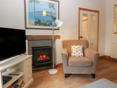 A living room with a brown armchair with a patterned cushion a floor lamp an electric fireplace a TV on a white stand and a painting above the fireplace at Woodlands Cottage Docklow near Leominster