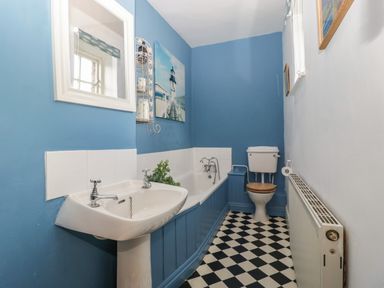 A bathroom with a sink mirror bathtub toilet and radiator at Woodlands Cottage in Docklow near Leominster