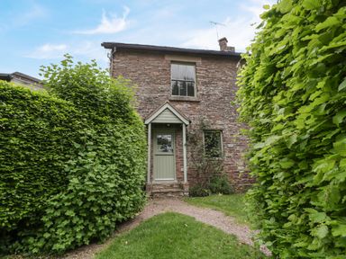 A stone cottage with a green door and windows surrounded by tall hedges and a grass path at Woodlands Cottage in Docklow near Leominster