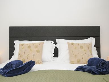A bed with white sheets green blanket and decorative pillows with tree design at Elmbank in Looe