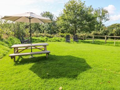 A picnic table with an umbrella and chairs on a lawn with trees and a fence at Little Freestone in Carew