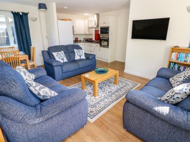 A living room with blue sofas a wooden coffee table a wall-mounted television and a kitchen area at Little Freestone in Carew