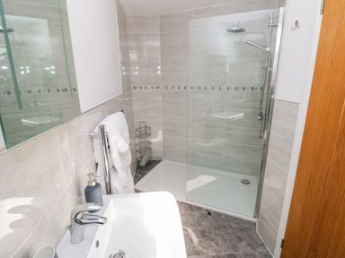 A bathroom with a shower area a sink and a towel rack at Little Freestone in Carew