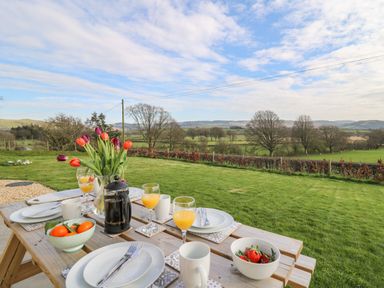 A picnic table set with plates cups glasses of orange juice and bowls of fruit with a grassy field and trees in the background at Gwynant in Pontrhydfendigaid