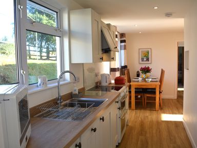 A kitchen with a sink microwave dining table and chairs at Gwynant in Pontrhydfendigaid