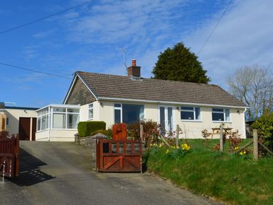 A single-story house with a sloped roof and a driveway with an open wooden gate and garden with yellow flowers at Gwynant in Pontrhydfendigaid