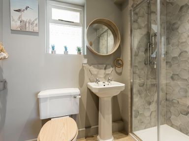 A bathroom with a toilet with wooden seat a pedestal sink a round mirror a shower with hexagonal tiles and a window with small plants at Beach Haven in West Bexington