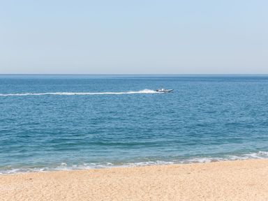 A beach with sand and a boat speeding on the ocean at Beach Haven in West Bexington