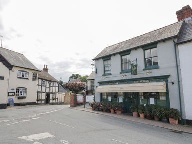 A street view with a cafe bar restaurant and traditional buildings with potted plants outside at The Folly in Weobley