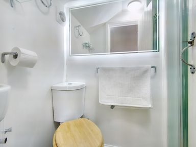A small bathroom with a toilet with wooden seat a white towel on a rack and a large mirror on the wall at The Folly in Weobley
