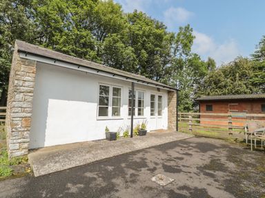 A small white building with windows and a door beside a wooden fence and shed at Vallum Kiosk in Haltwhistle