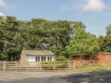 A small white building and a wooden shed behind a wooden fence by a roadside with trees in the background at Vallum Kiosk in Haltwhistle